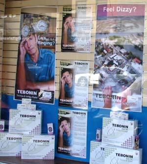 Pharmacy shop window display promoting Tebonin